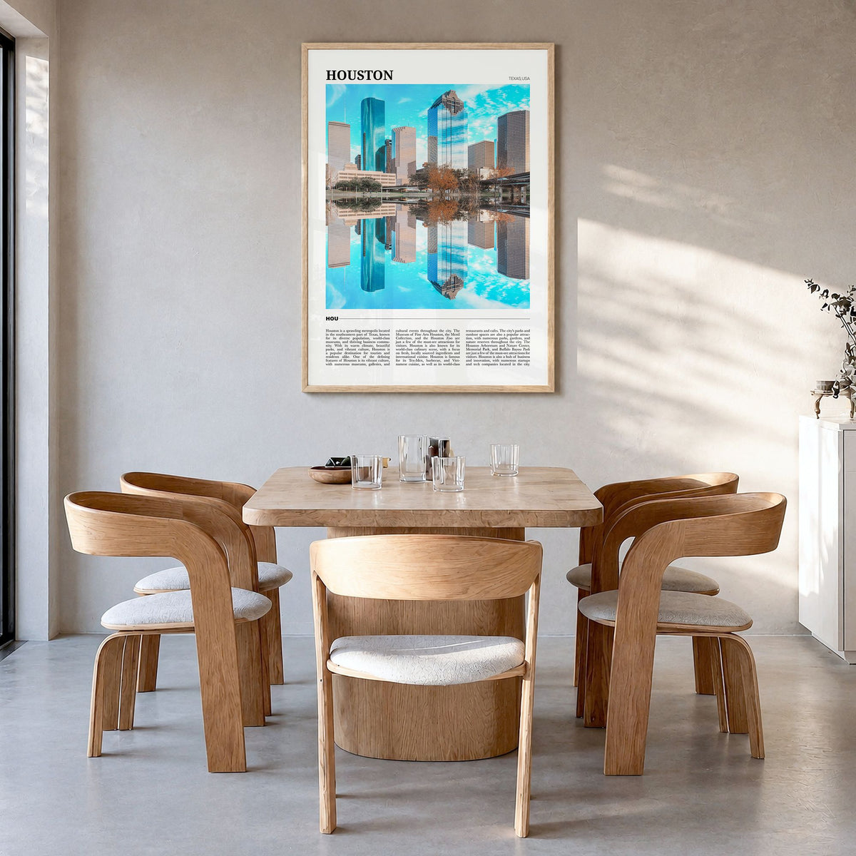 Houston Travel No 2 Poster in a natural wood frame, hanging in a dining room