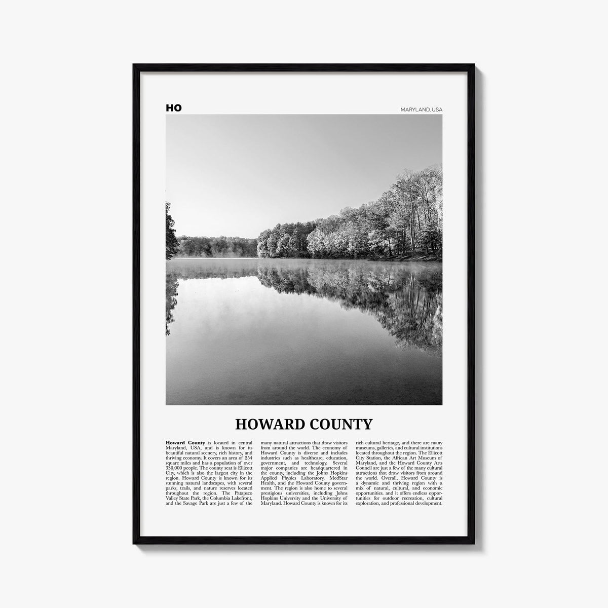 Howard County black & white newspaper poster of Maryland, USA – vertical wall art, unframed print shown in interior mockup
