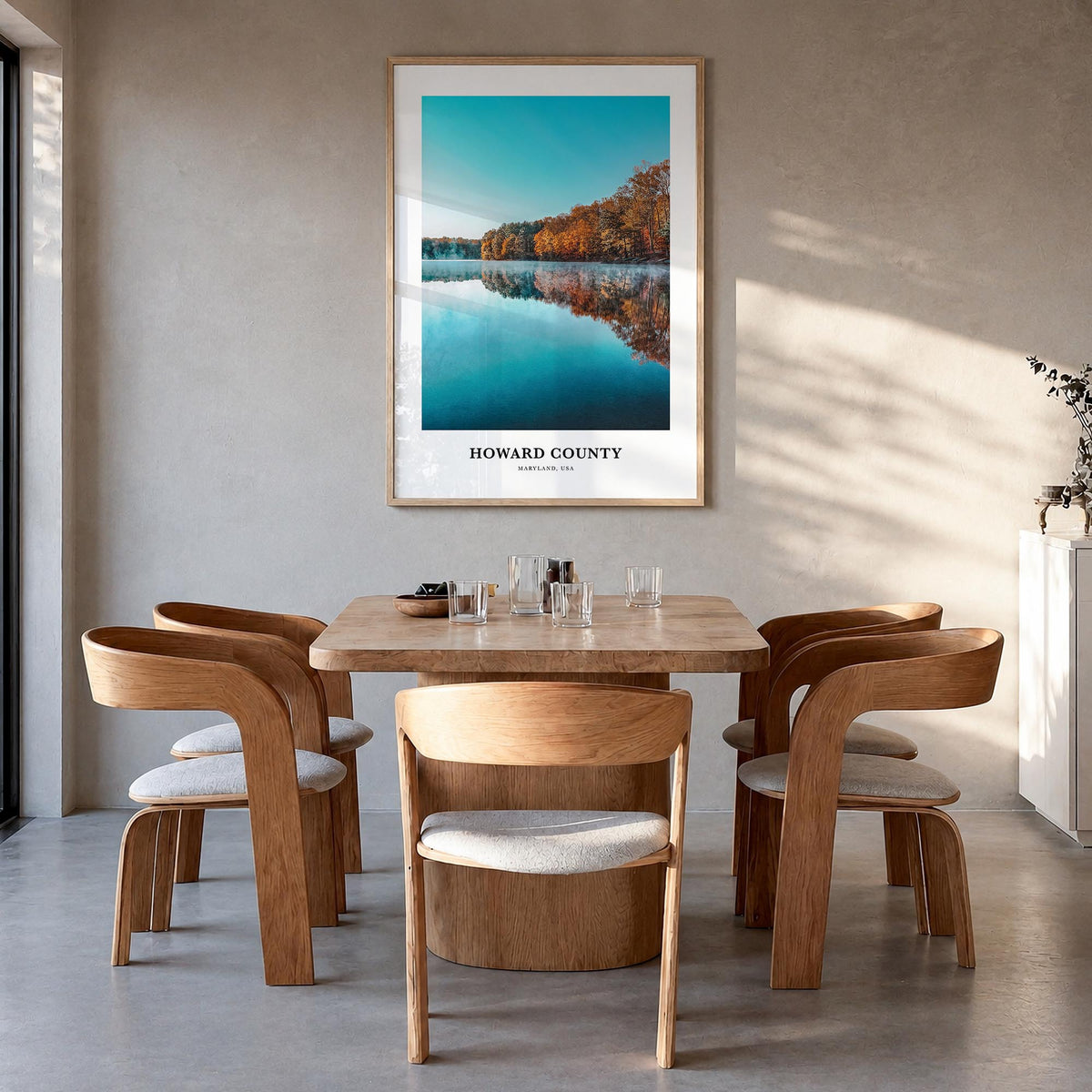 Howard County colorful classic poster of Maryland, USA – vertical wall art in natural wood frame, hanging on wall