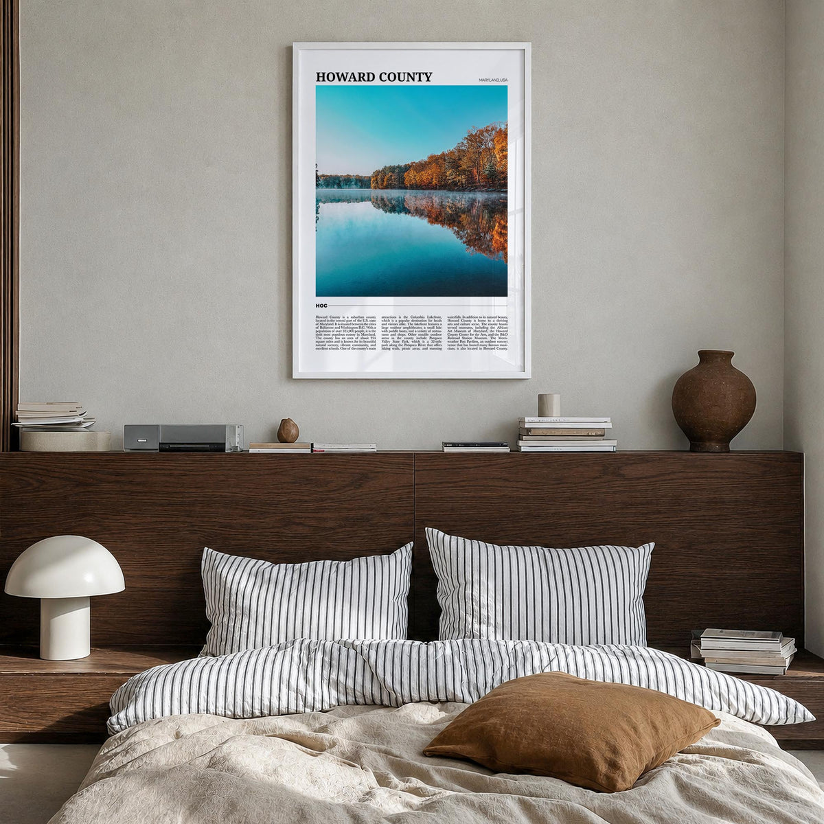 Howard County colorful travel poster of Maryland, USA – vertical wall art in white wood frame, hanging on wall