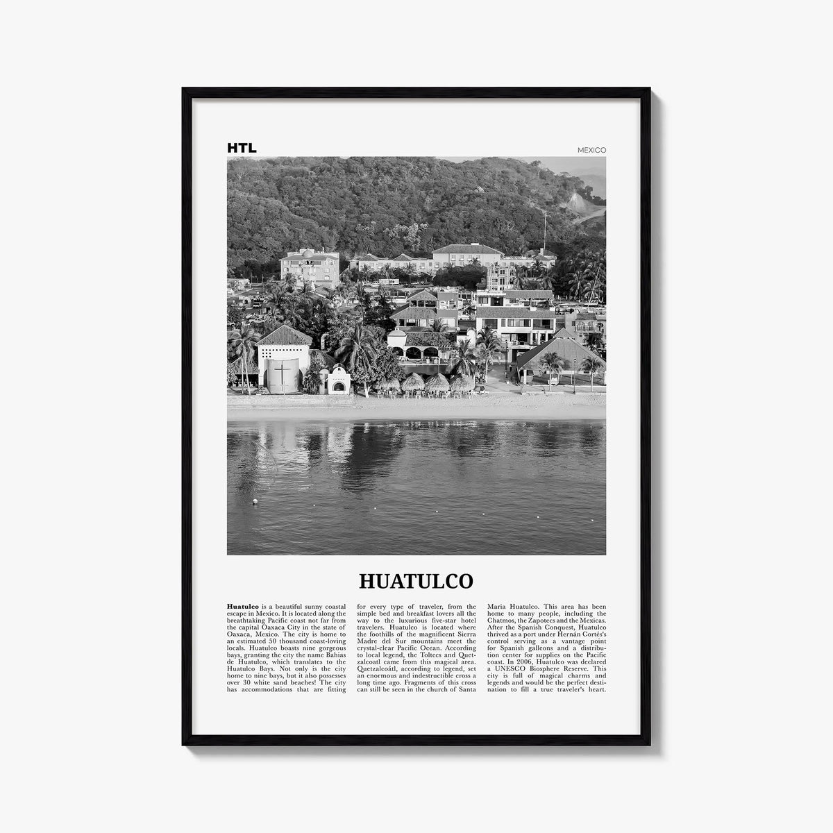 Huatulco black & white newspaper poster of Mexico – vertical wall art, unframed print shown in interior mockup