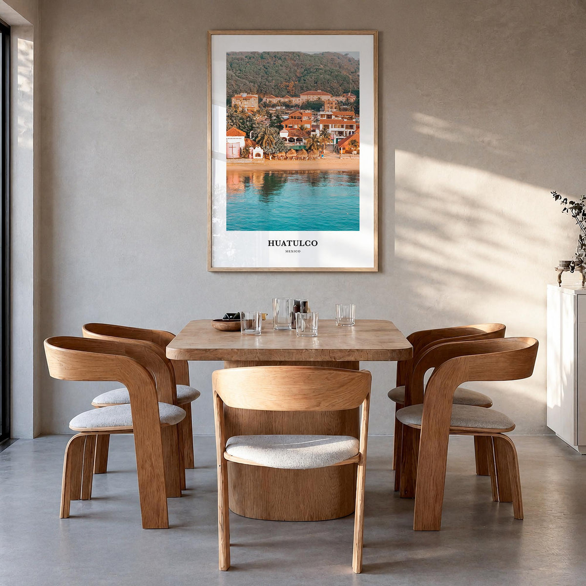 Huatulco colorful classic poster of Mexico – vertical wall art in natural wood frame, hanging on wall