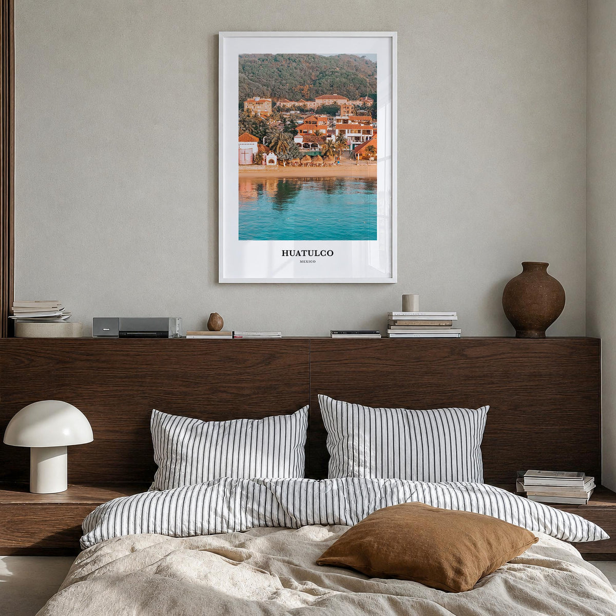 Huatulco colorful classic poster of Mexico – vertical wall art in white wood frame, hanging on wall
