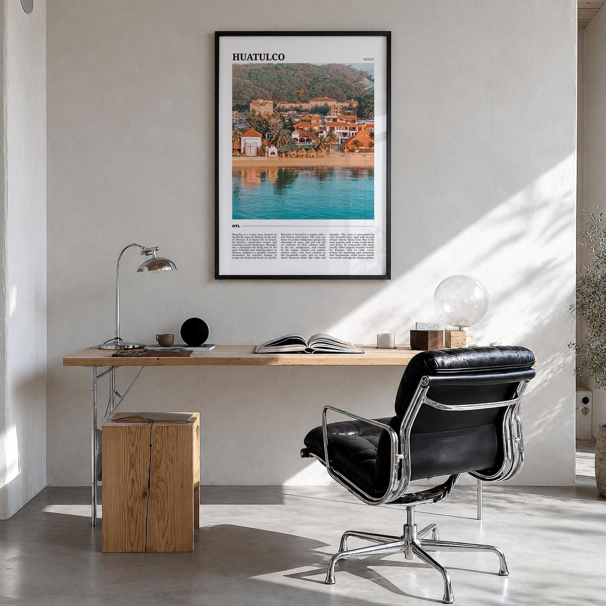 Huatulco colorful travel poster of Mexico – vertical wall art in black wood frame, hanging on wall