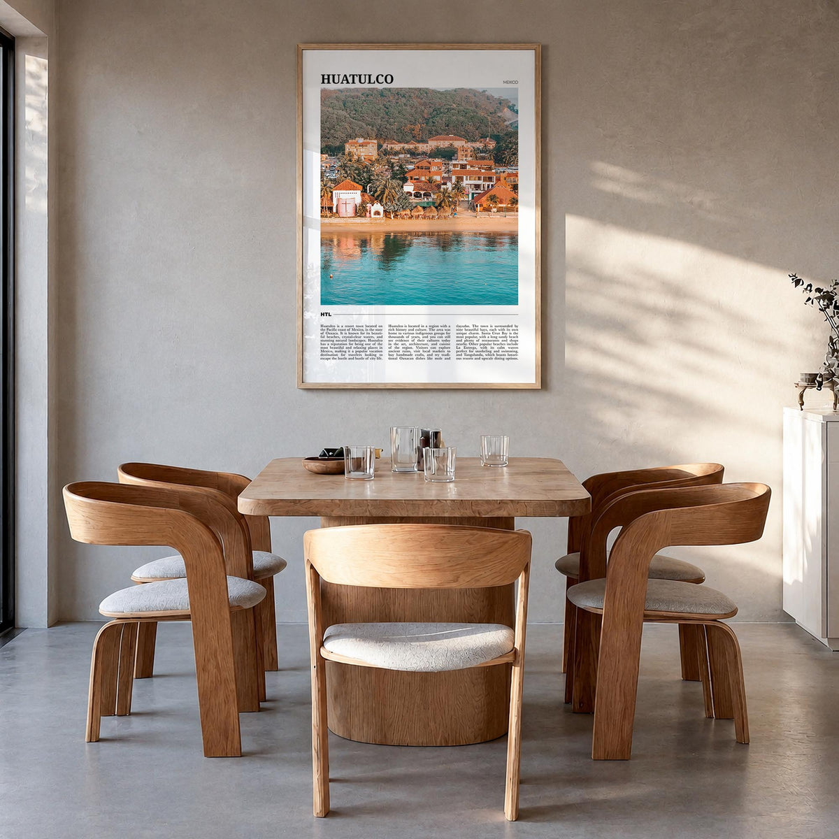 Huatulco colorful travel poster of Mexico – vertical wall art in natural wood frame, hanging on wall