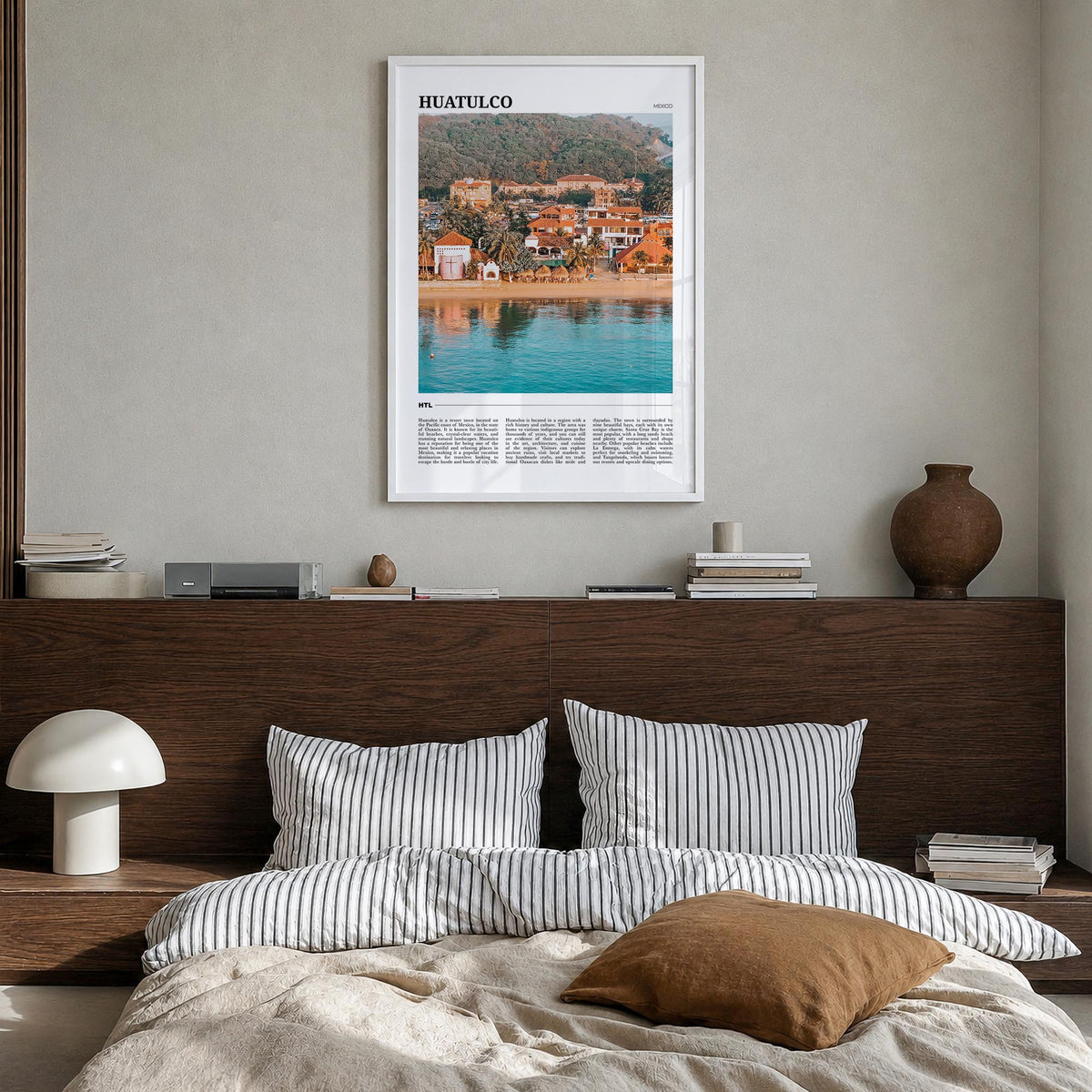 Huatulco colorful travel poster of Mexico – vertical wall art in white wood frame, hanging on wall