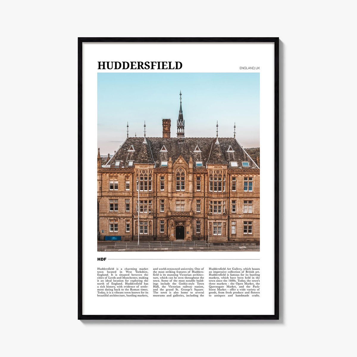 Huddersfield colorful travel poster of United Kingdom – vertical wall art, unframed print shown in interior mockup