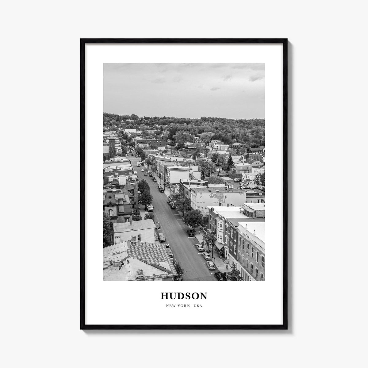 Hudson black & white classic poster of Ohio, USA – vertical wall art, unframed print shown in interior mockup