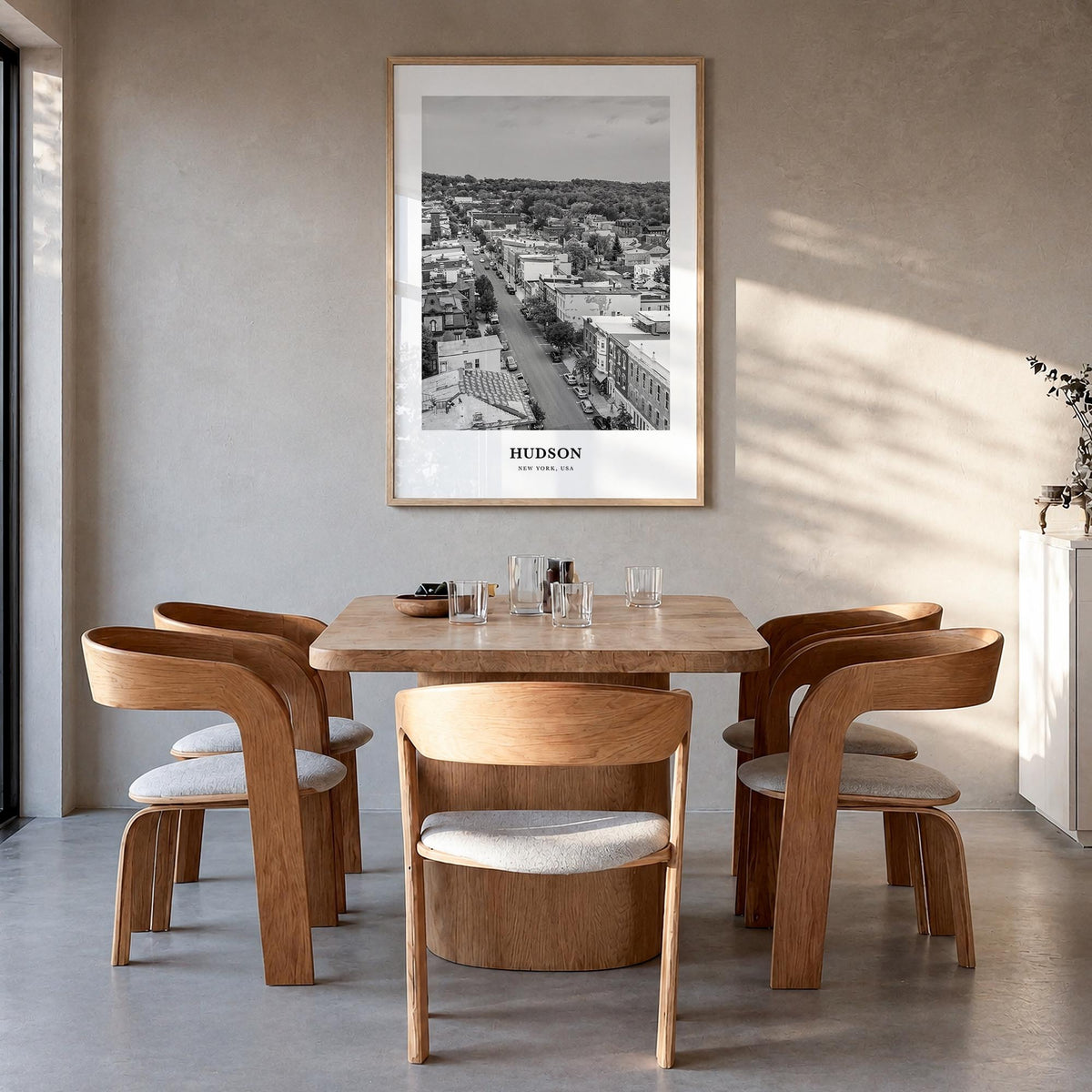 Hudson black & white classic poster of Ohio, USA – vertical wall art in natural wood frame, hanging on wall
