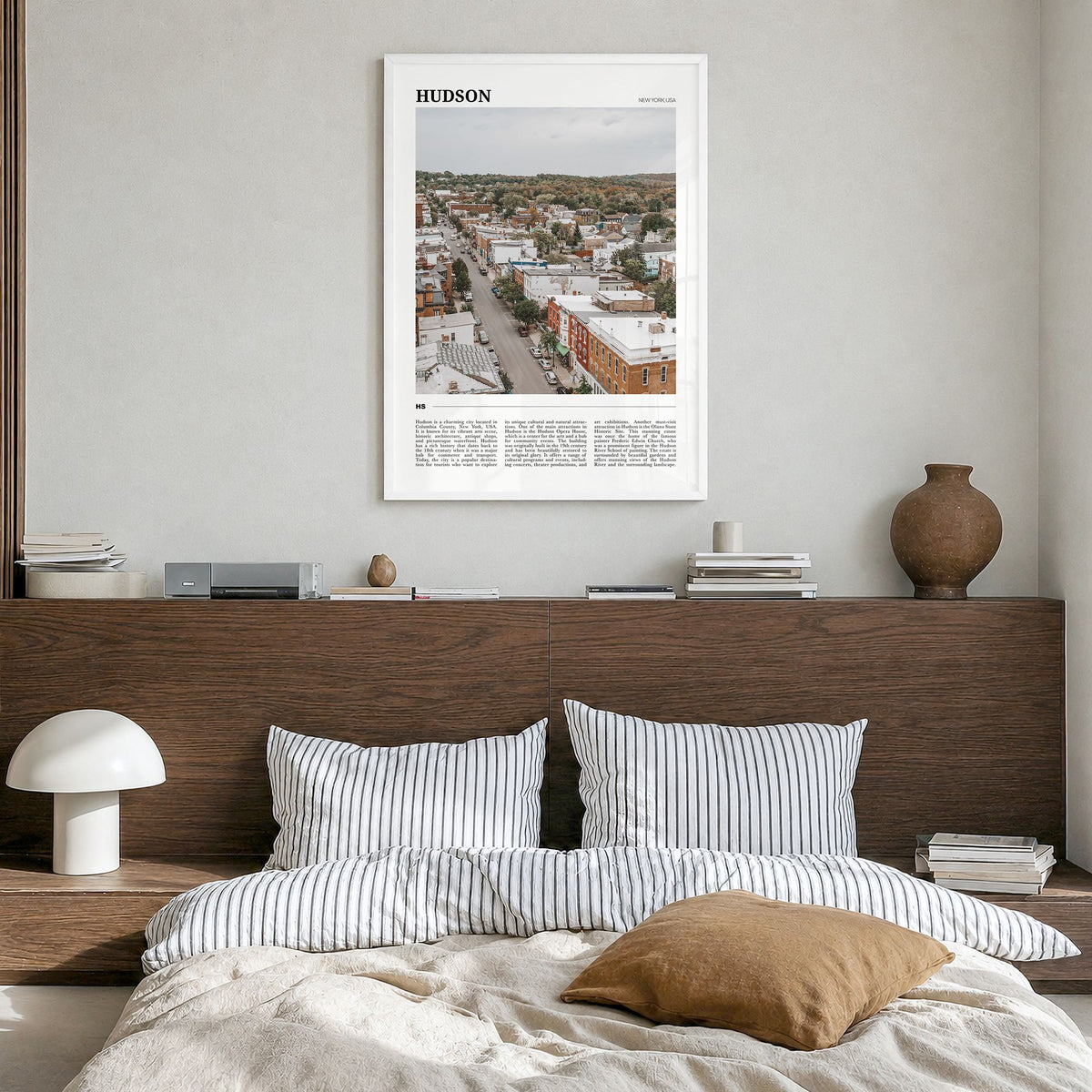 Hudson Travel Poster in a white wood frame, hanging in a bedroom