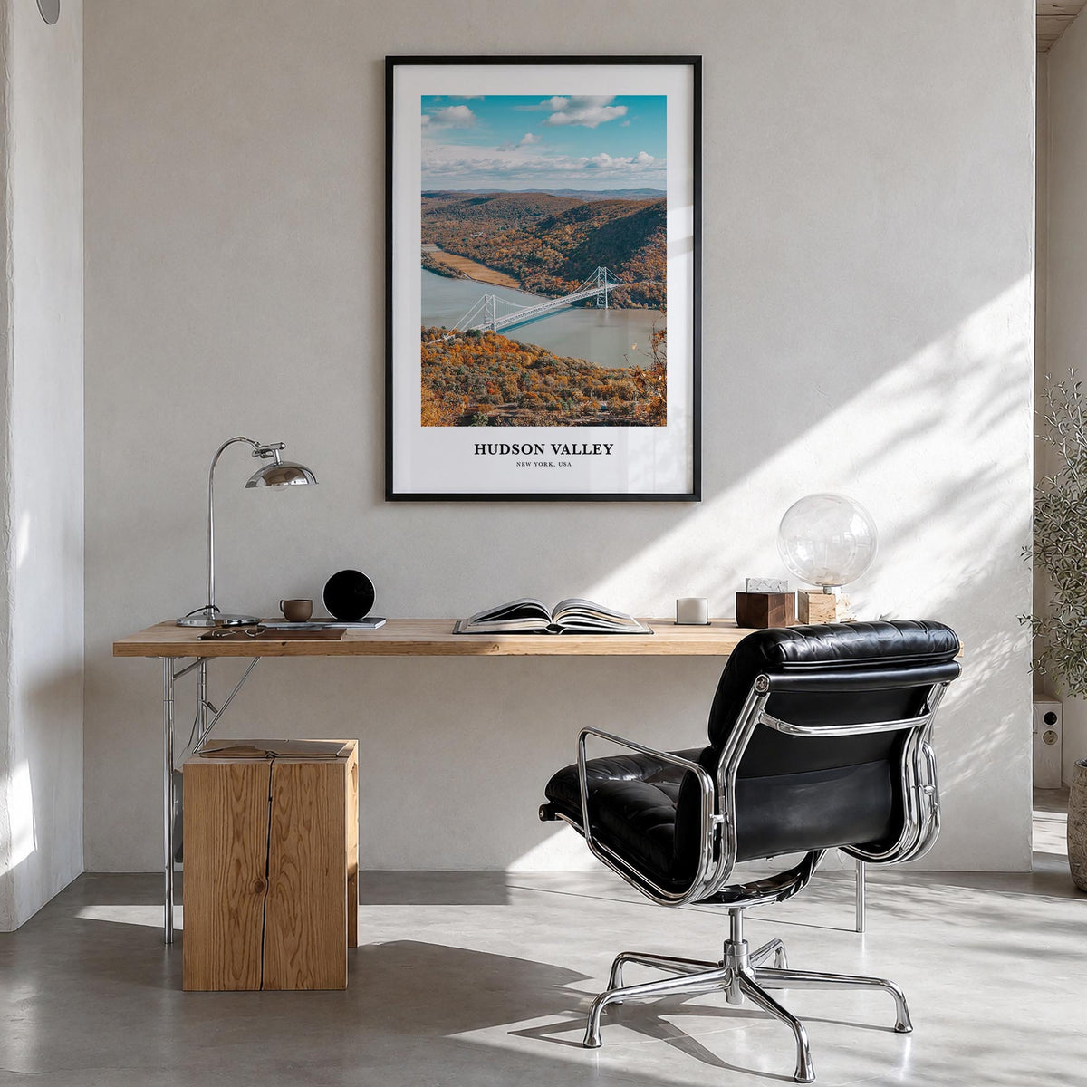 Hudson Valley colorful classic poster of New York, USA – vertical wall art in black wood frame, hanging on wall