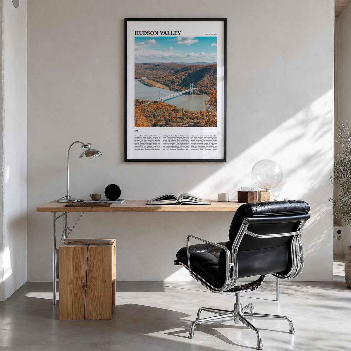 Hudson Valley colorful travel poster of New York, USA – vertical wall art in black wood frame, hanging on wall