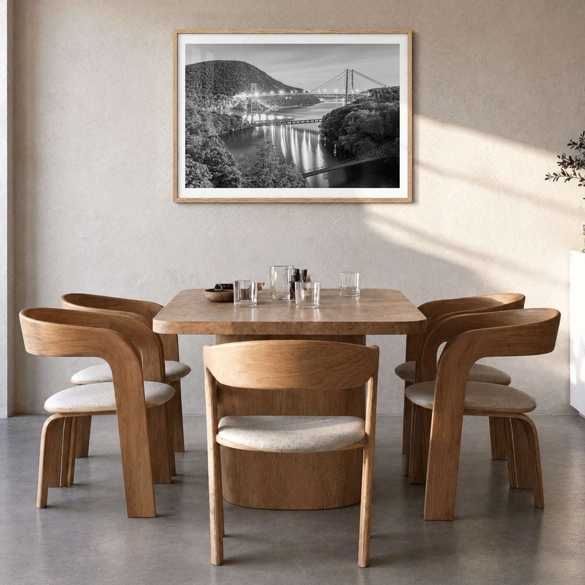 Hudson Valley Photo Poster in a natural wood frame, hanging in a dining room, white border