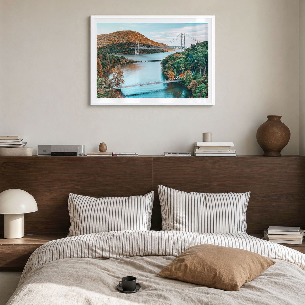 Hudson Valley Photo Poster in a white wood frame, hanging in a bedroom, white border