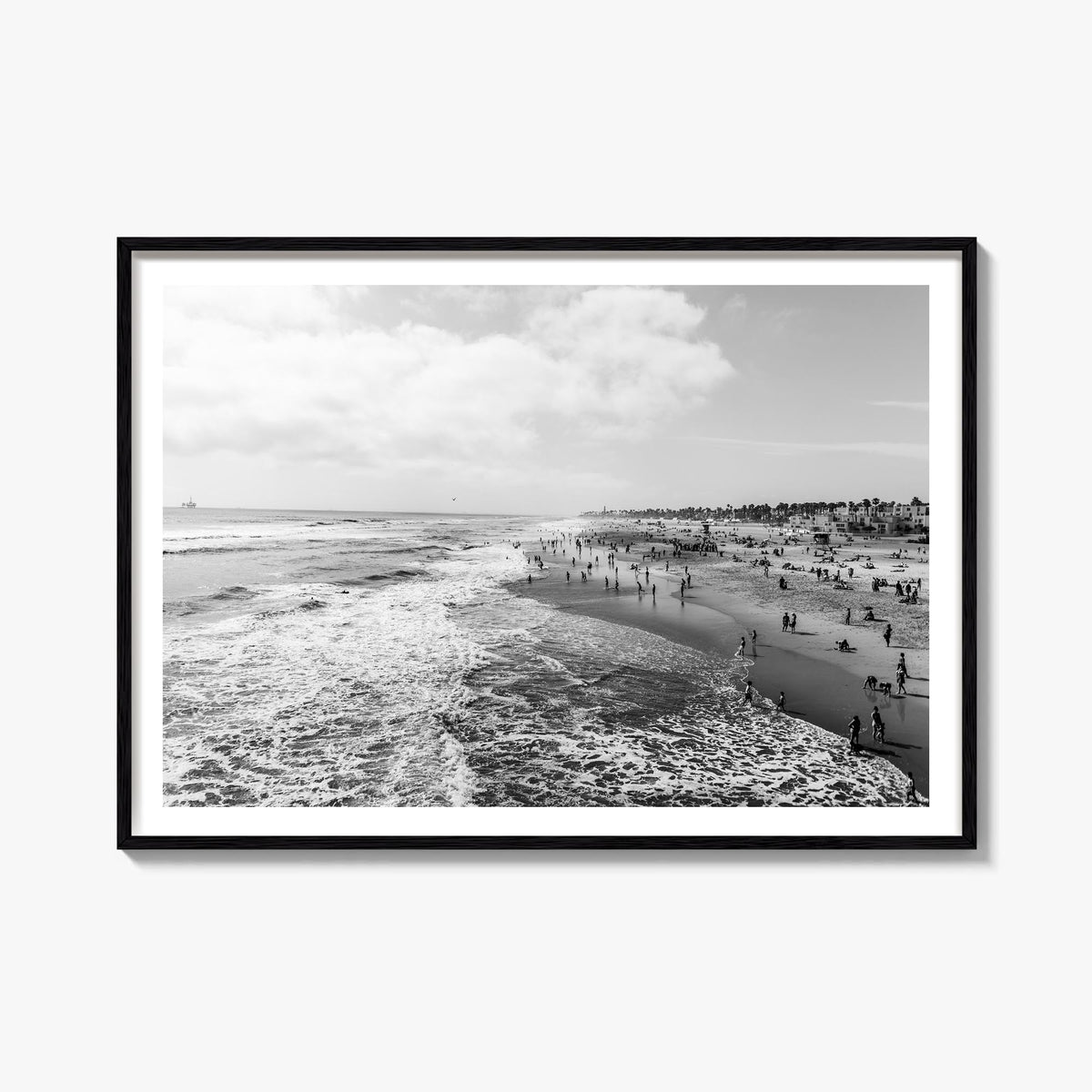 Huntington Beach black & white photo poster of California, USA – horizontal wall art, unframed print shown in interior mockup