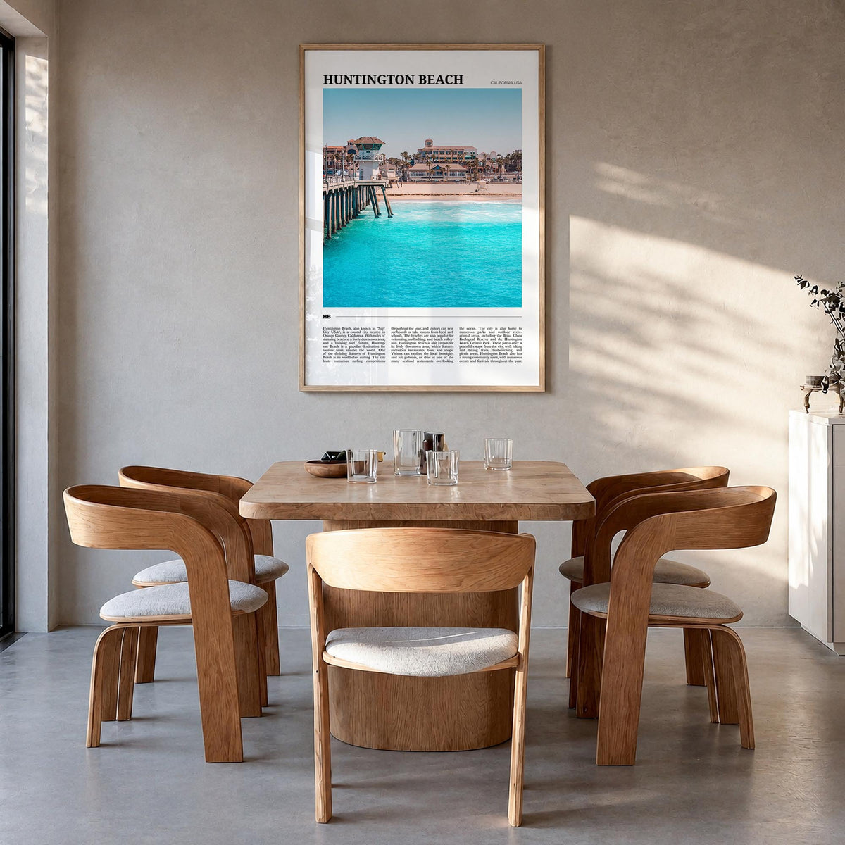Huntington Beach colorful travel poster of California, USA – vertical wall art in natural wood frame, hanging on wall
