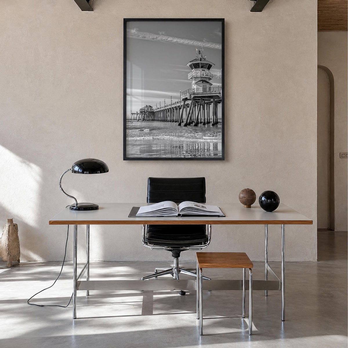 Huntington Beach no. 2 black & white photo poster of California, USA – vertical wall art in black wood frame, hanging on wall
