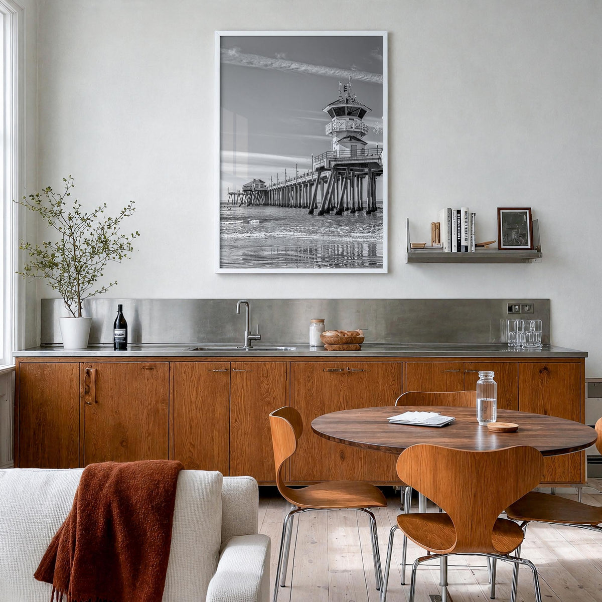Huntington Beach no. 2 black & white photo poster of California, USA – vertical wall art in white wood frame, hanging on wall