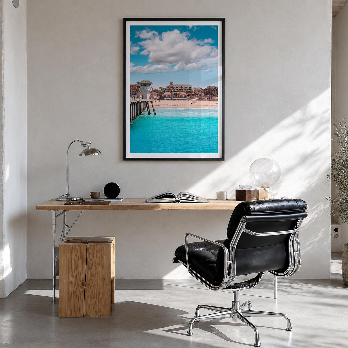 Huntington Beach no. 1 colorful photo poster of California, USA – vertical wall art in black wood frame with white border, ha