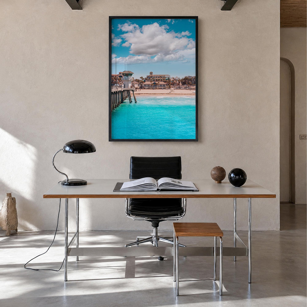 Huntington Beach no. 1 colorful photo poster of California, USA – vertical wall art in black wood frame, hanging on wall
