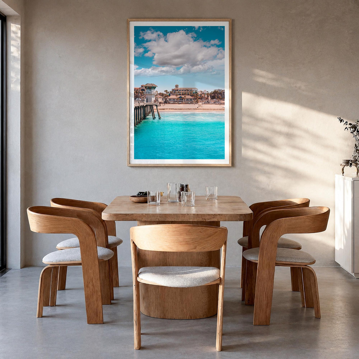 Huntington Beach no. 1 colorful photo poster of California, USA – vertical wall art in natural wood frame with white border,