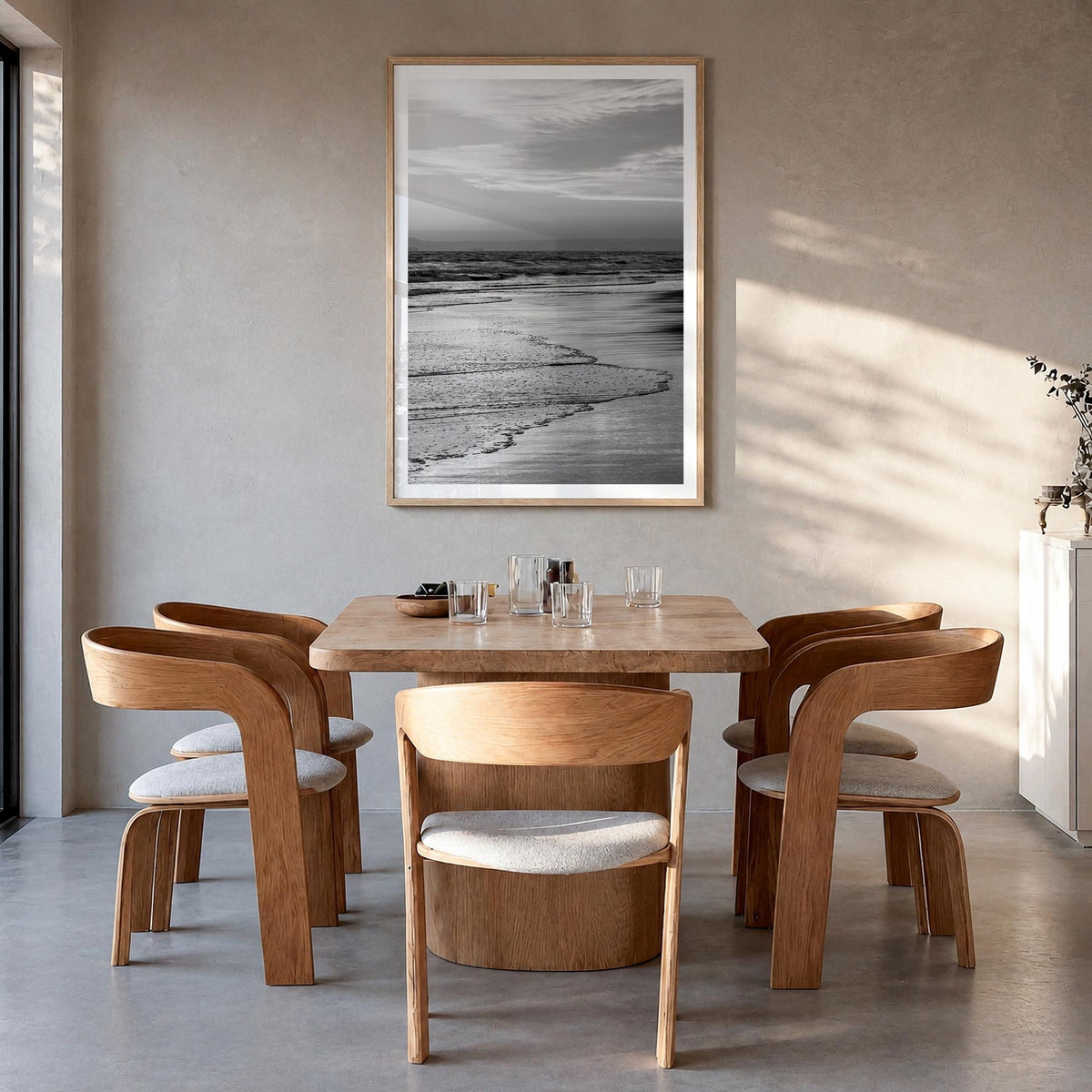 Huntington Beach no. 1 black & white photo poster of California, USA – vertical wall art in natural wood frame with white bor