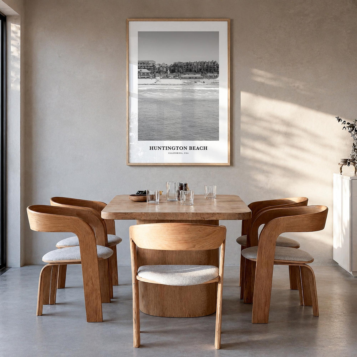 Huntington Beach no. 3 black & white classic poster of California, USA – vertical wall art in natural wood frame, hanging on