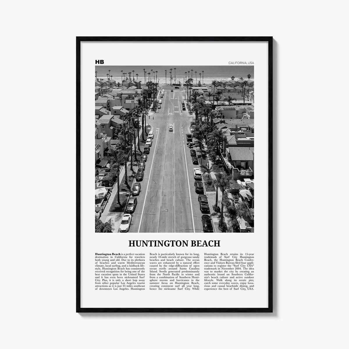 Huntington Beach no. 3 black & white newspaper poster of California, USA – vertical wall art, unframed print shown in interio