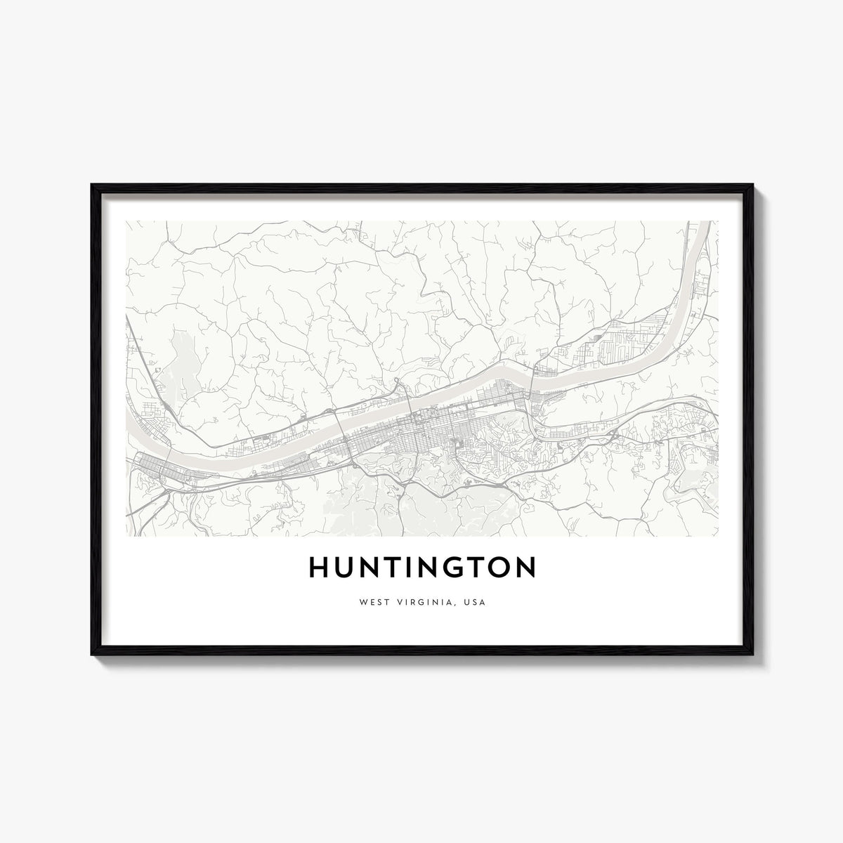 Huntington black & white map poster of West Virginia, USA – horizontal wall art, unframed print shown in interior mockup