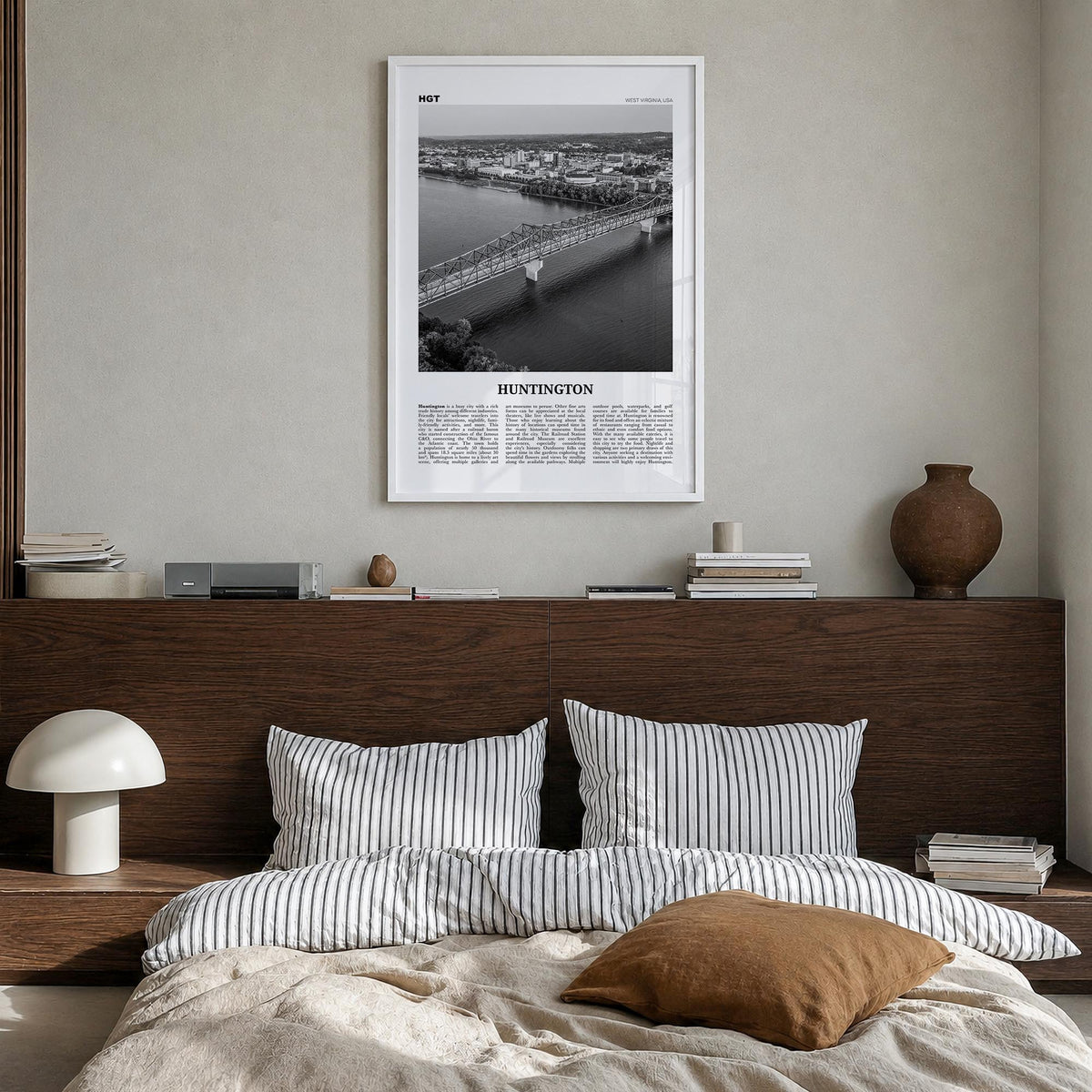 Huntington black & white newspaper poster of West Virginia, USA – vertical wall art in white wood frame, hanging on wall