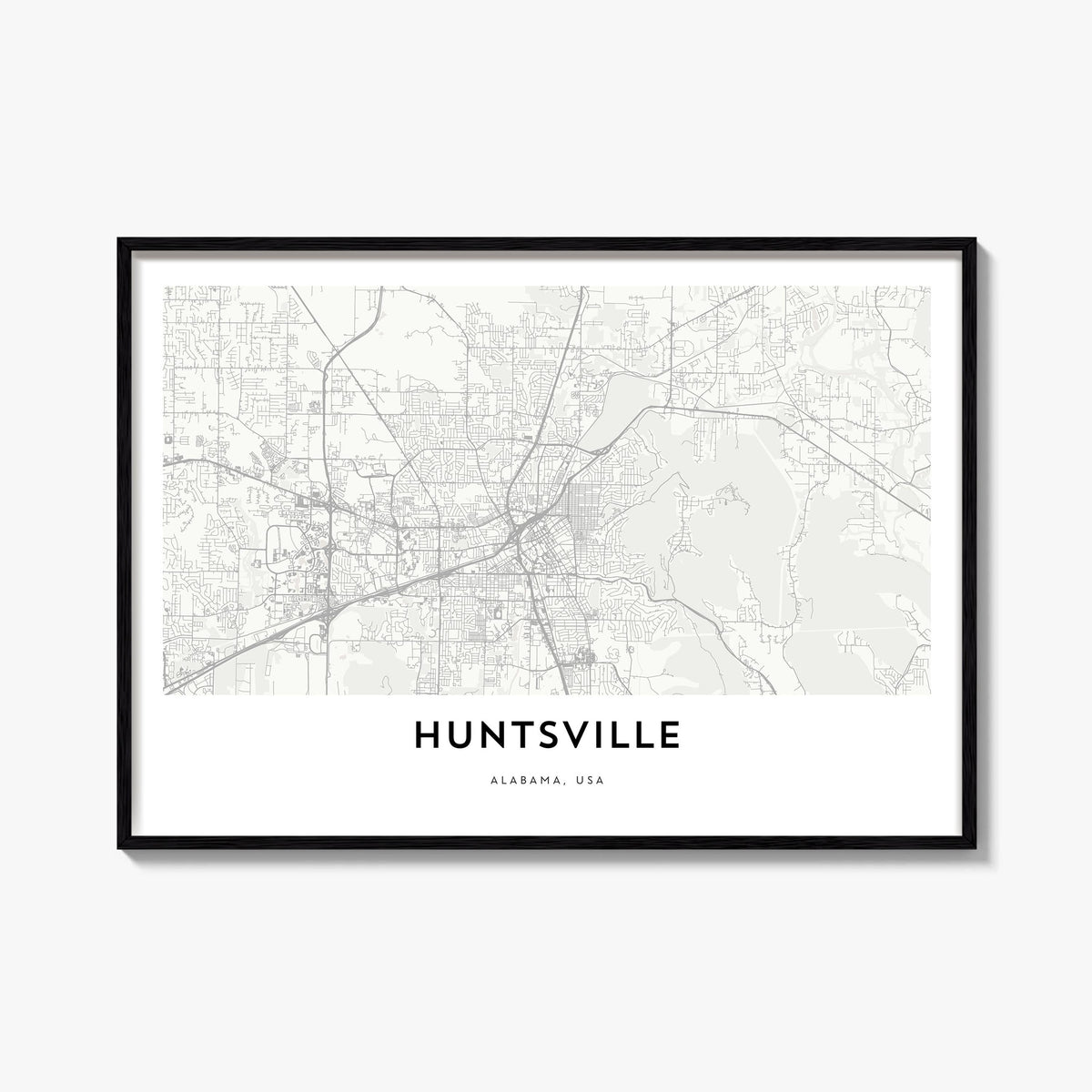 Huntsville black & white map poster of Alabama, USA – horizontal wall art, unframed print shown in interior mockup