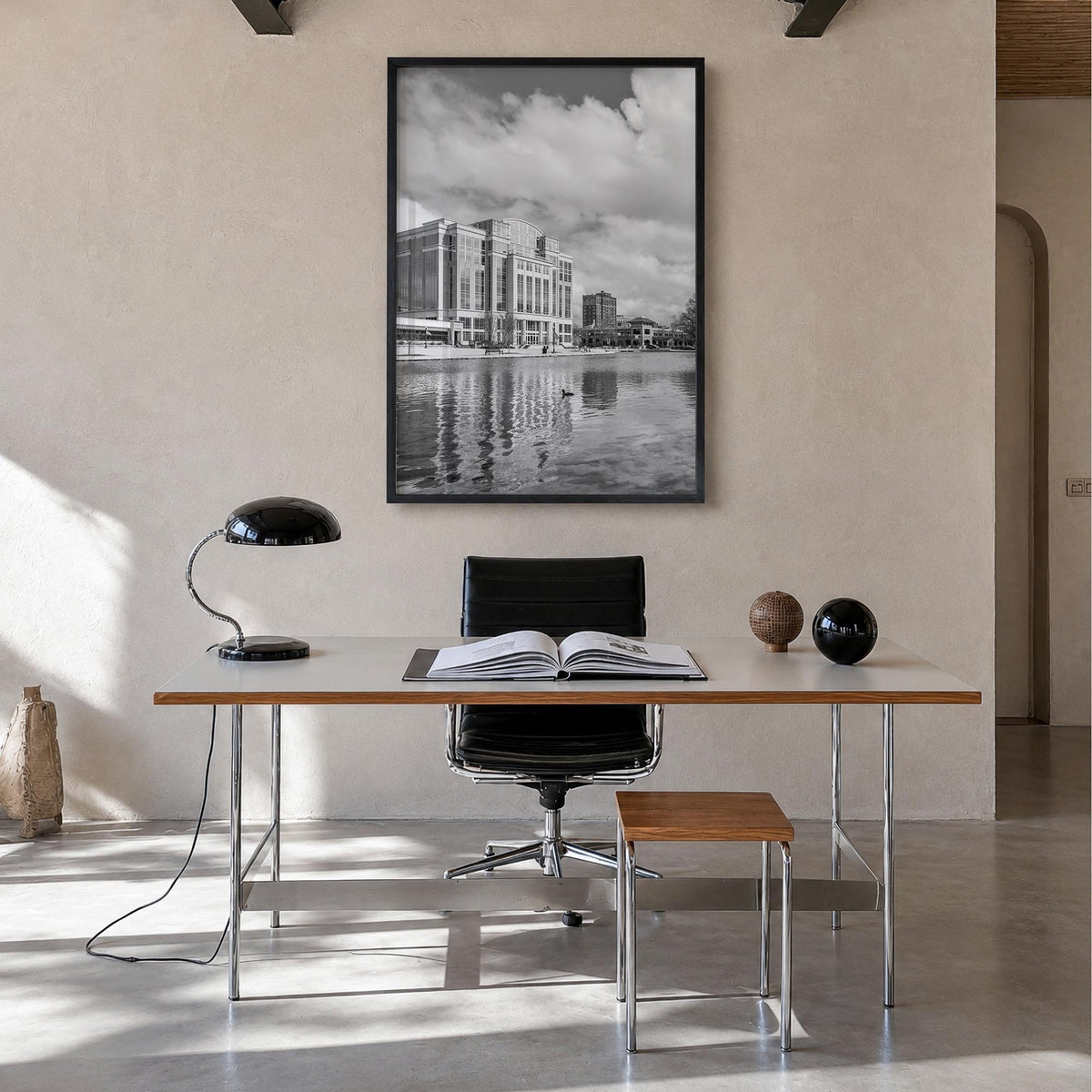 Huntsville black & white photo poster of Alabama, USA – vertical wall art in black wood frame, hanging on wall