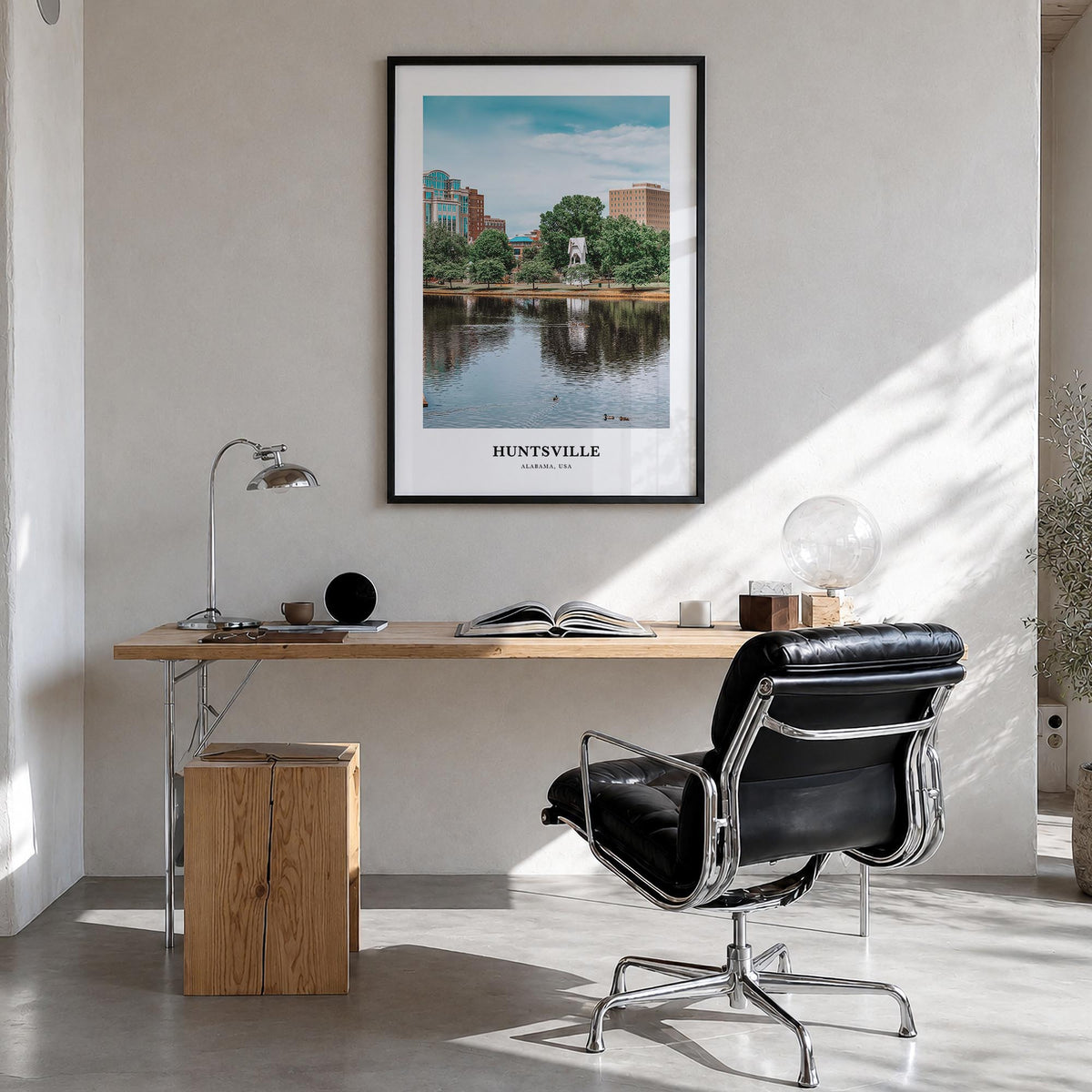 Huntsville colorful classic poster of Alabama, USA – vertical wall art in black wood frame, hanging on wall