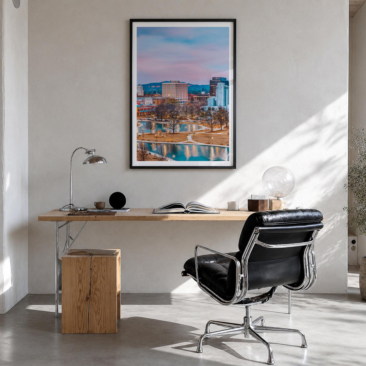 Huntsville colorful photo poster of Alabama, USA – vertical wall art in black wood frame with white border, hanging on wall