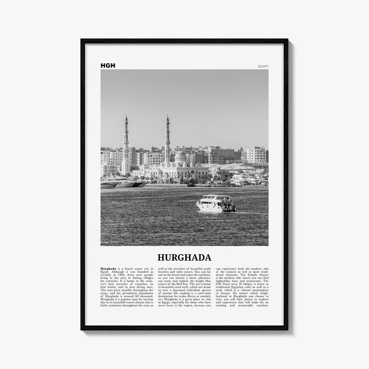 Hurghada black & white newspaper poster of Egypt – vertical wall art, unframed print shown in interior mockup
