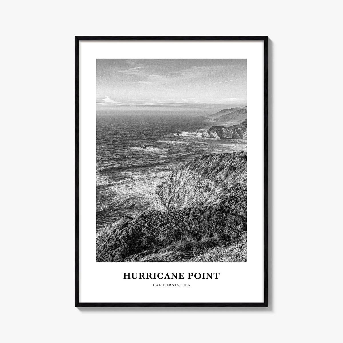 Hurricane Point black & white classic poster of California, USA – vertical wall art, unframed print shown in interior mockup