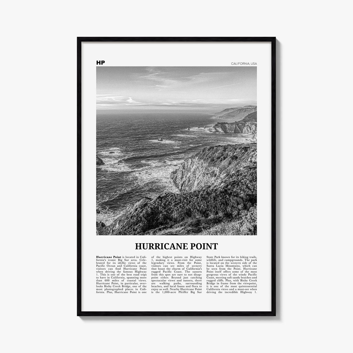 Hurricane Point black & white newspaper poster of California, USA – vertical wall art, unframed print shown in interior mocku