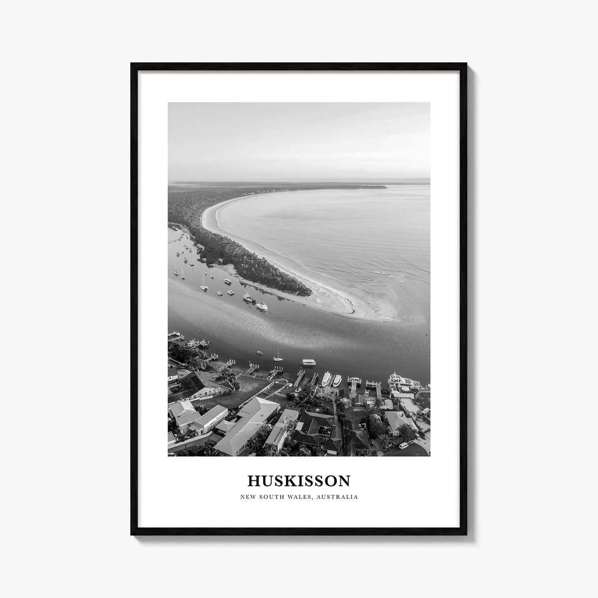 Huskisson black & white classic poster of Australia – vertical wall art, unframed print shown in interior mockup