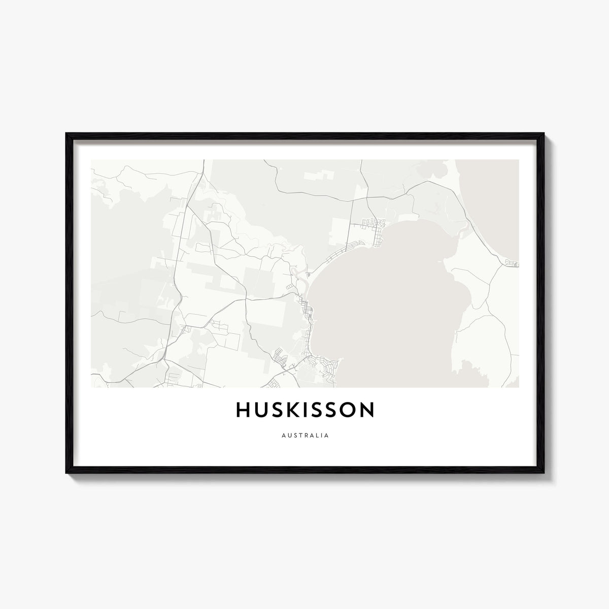 Huskisson black & white map poster of Australia – horizontal wall art, unframed print shown in interior mockup