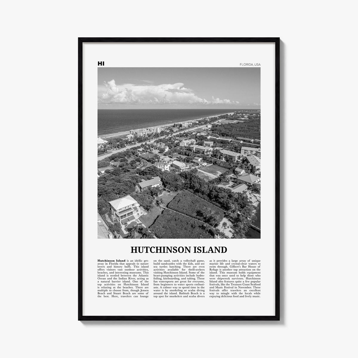 Hutchinson Island black & white newspaper poster of Florida, USA – vertical wall art, unframed print shown in interior mockup