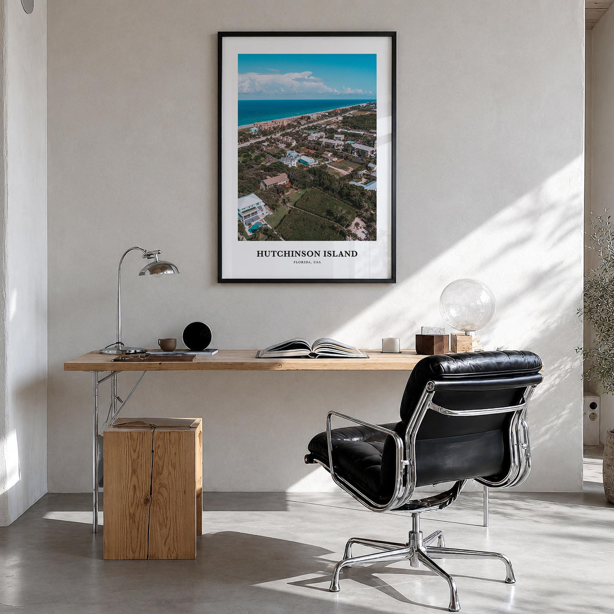 Hutchinson Island colorful classic poster of Florida, USA – vertical wall art in black wood frame, hanging on wall