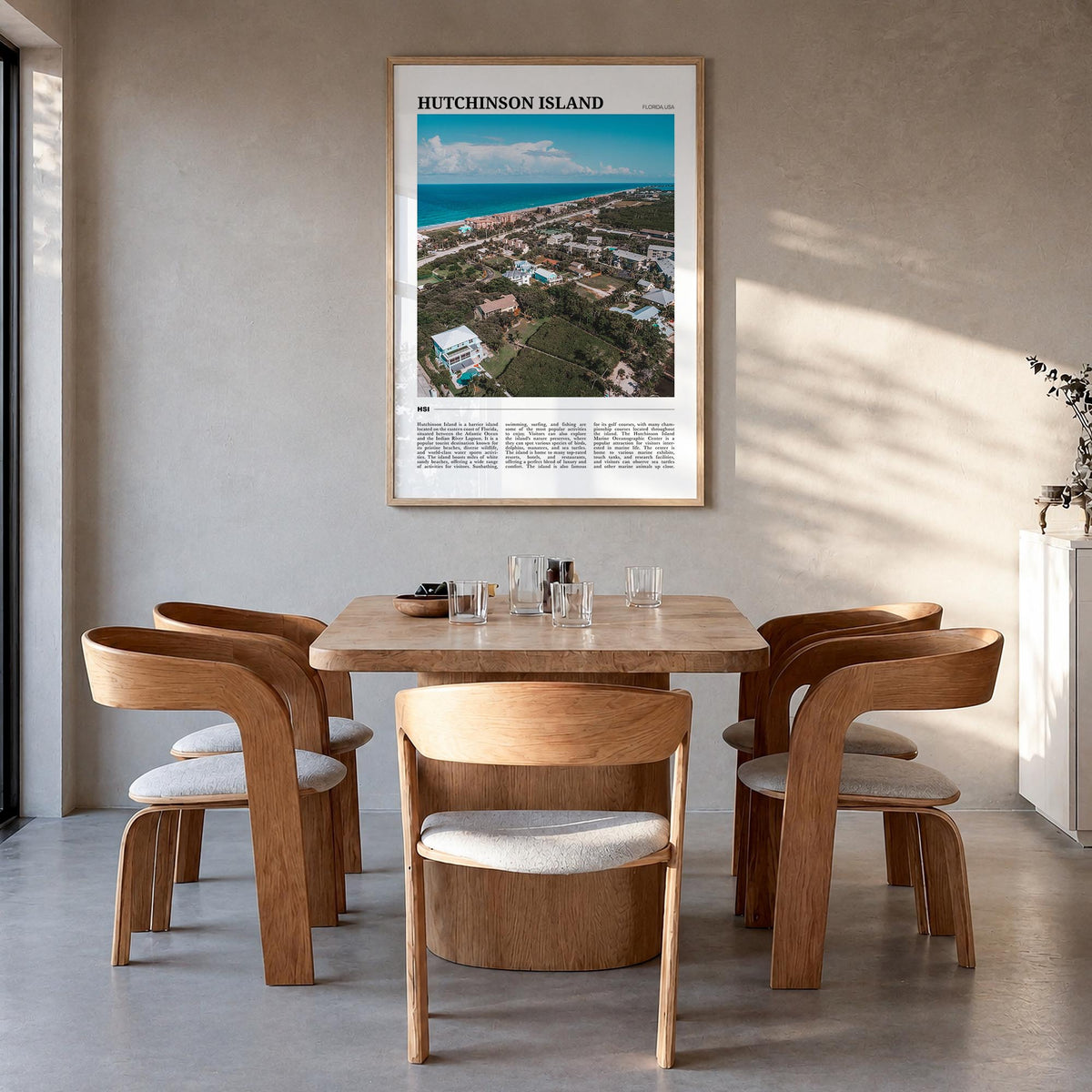 Hutchinson Island colorful travel poster of Florida, USA – vertical wall art in natural wood frame, hanging on wall