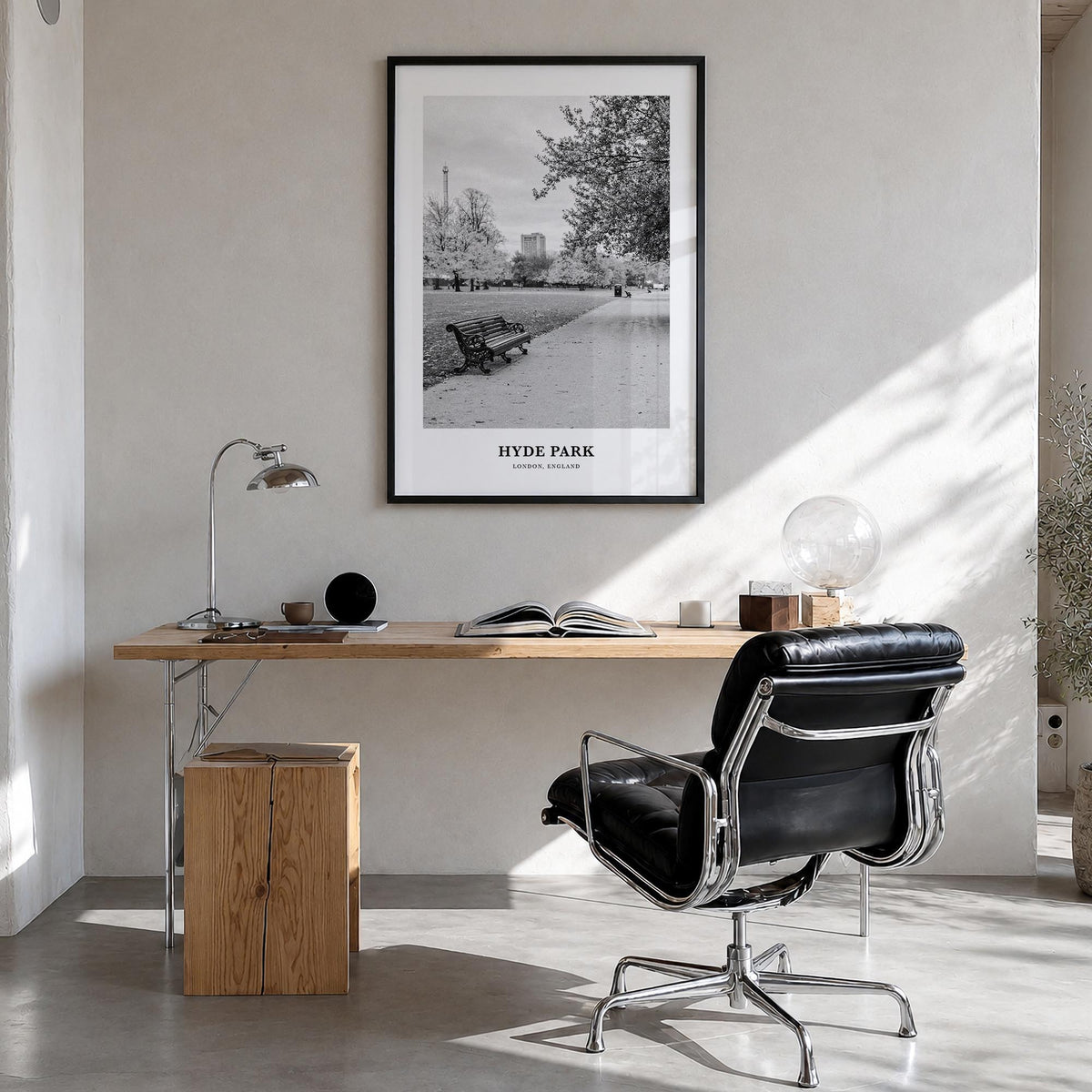 Hyde Park black & white classic poster of London, England – vertical wall art in black wood frame, hanging on wall