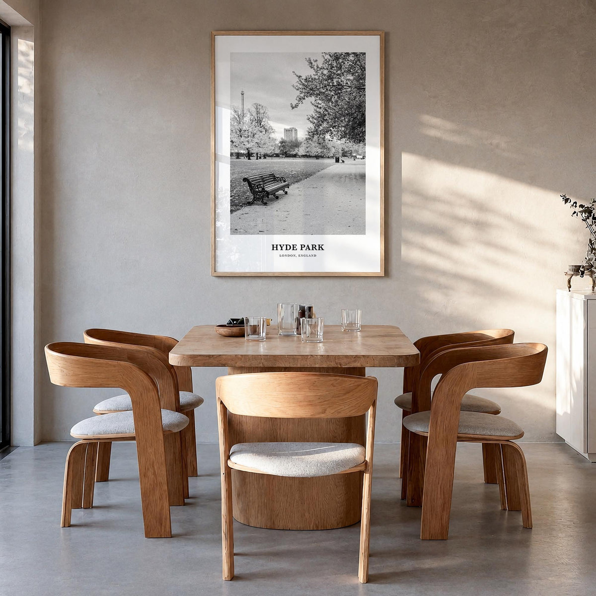 Hyde Park black & white classic poster of London, England – vertical wall art in natural wood frame, hanging on wall