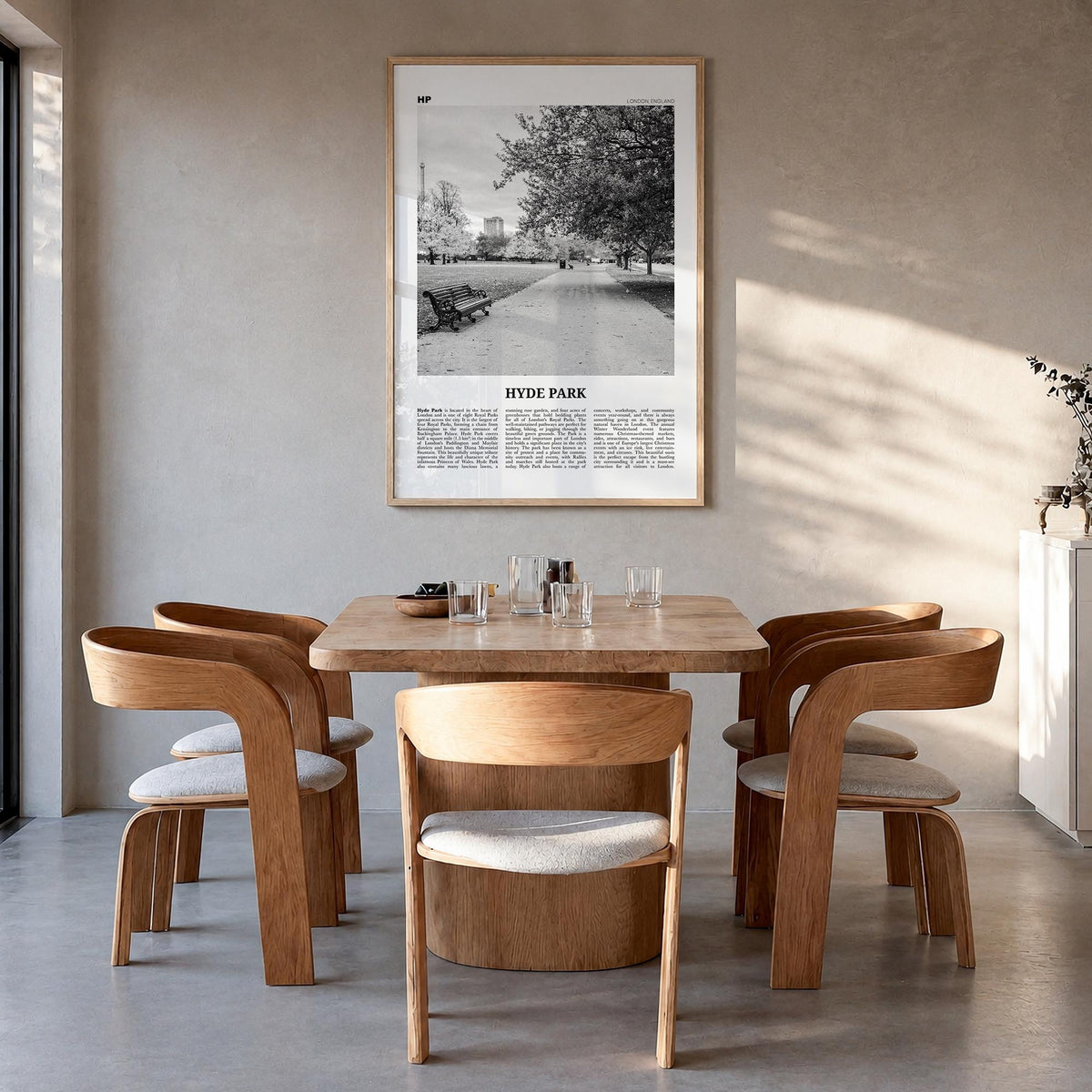 Hyde Park black & white newspaper poster of London, England – vertical wall art in natural wood frame, hanging on wall