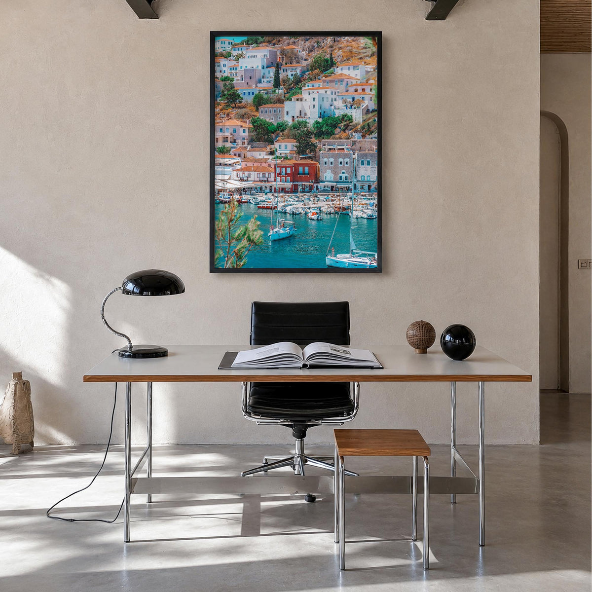 Hydra colorful photo poster of Greece – vertical wall art in black wood frame, hanging on wall