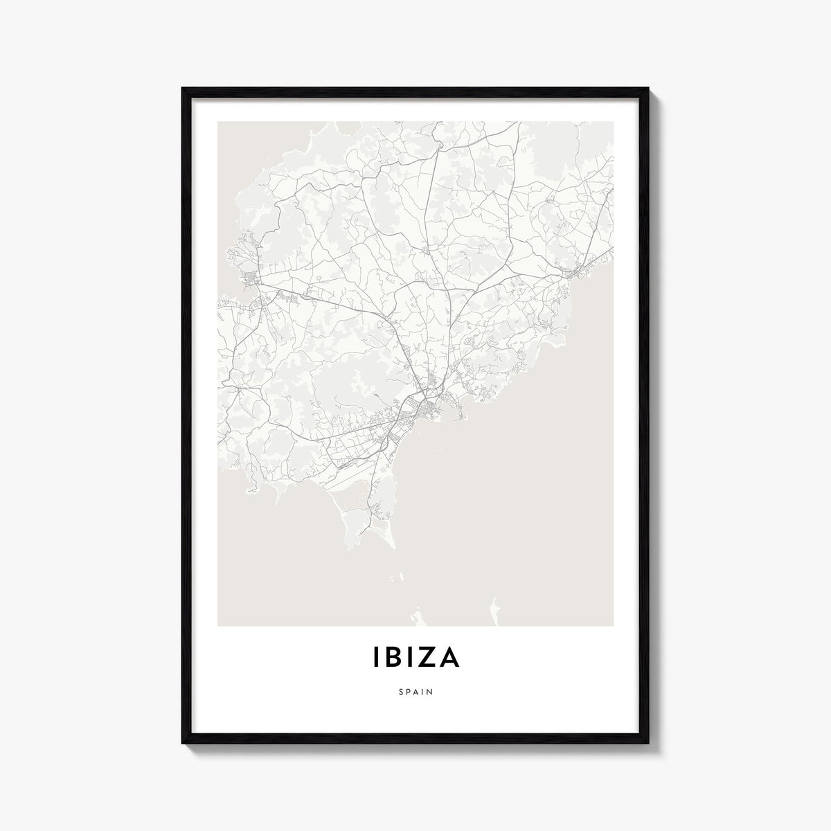 Ibiza black & white map poster of Spain – vertical wall art, unframed print shown in interior mockup