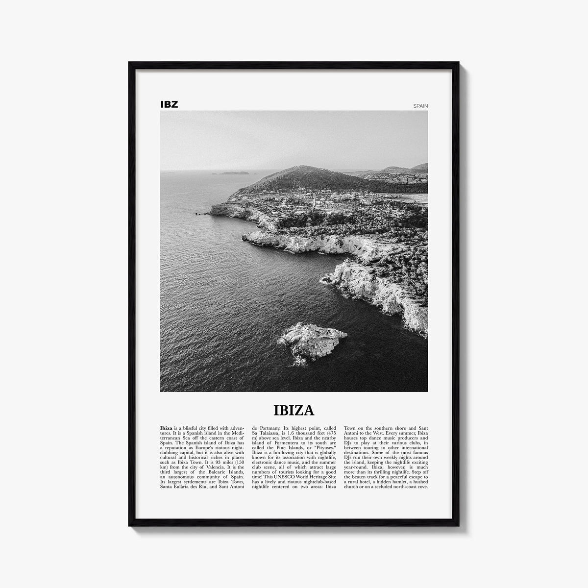 Ibiza black & white newspaper poster of Spain – vertical wall art, unframed print shown in interior mockup