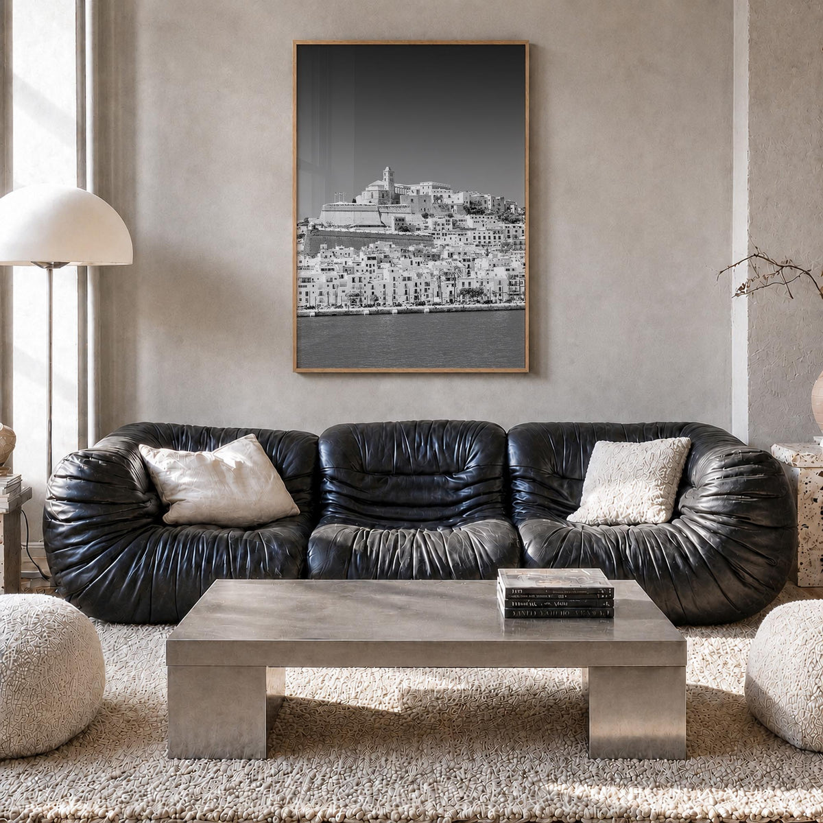 Ibiza black & white photo poster of Spain – vertical wall art in natural wood frame, hanging on wall