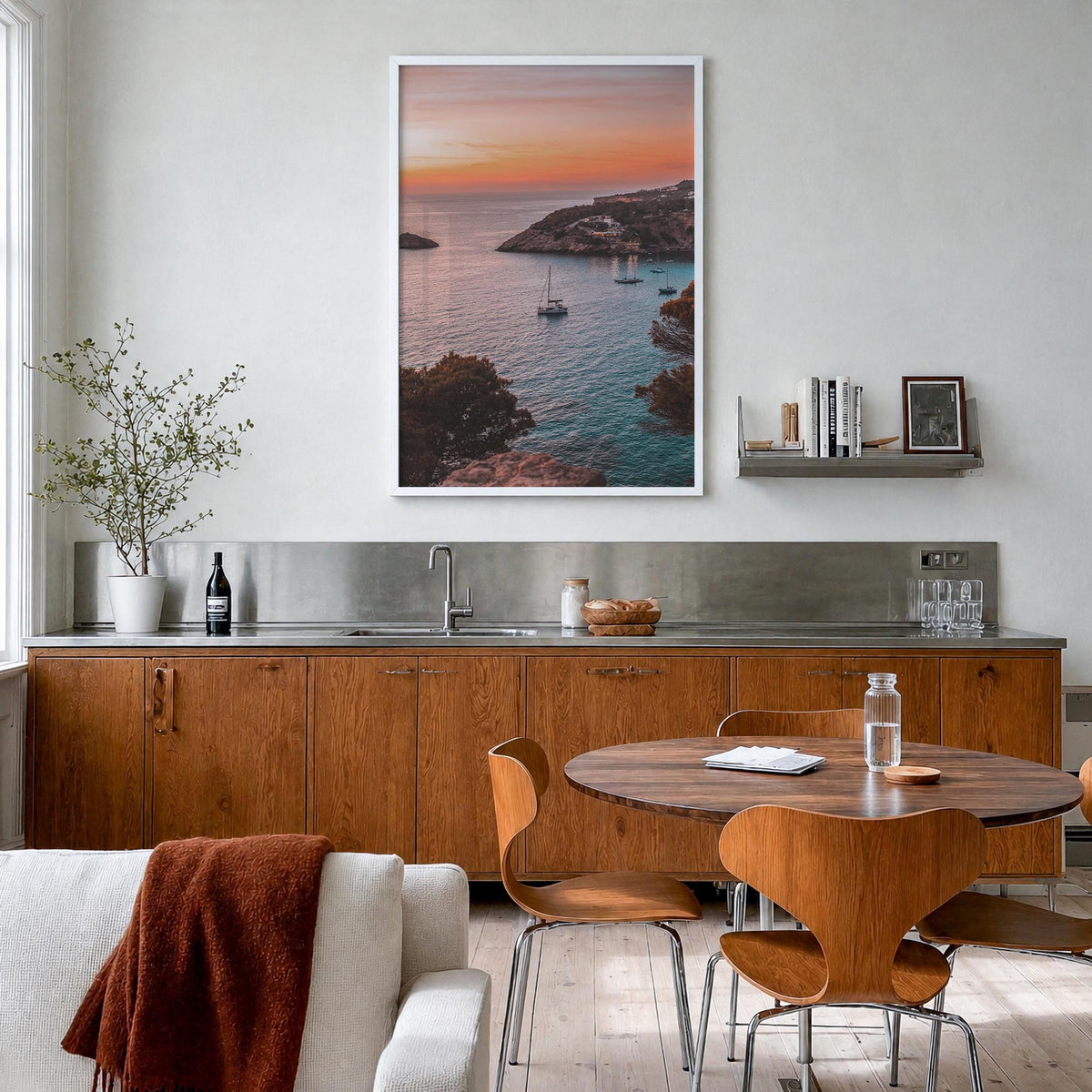 Ibiza colorful photo poster of Spain – vertical wall art in white wood frame, hanging on wall